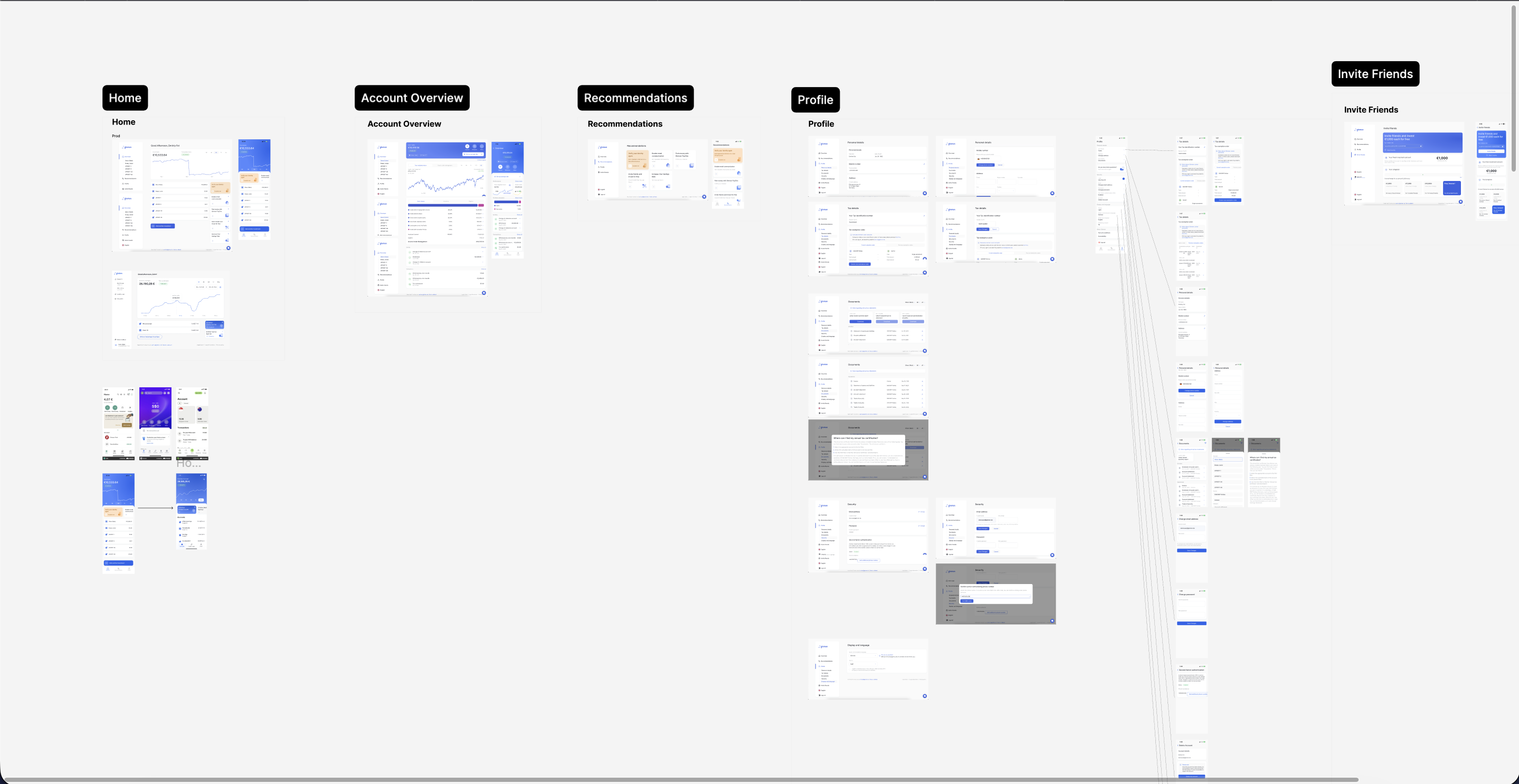 Audit: screen inventory across Home, Account Overview, Recommendations, Profile, and Invite Friends