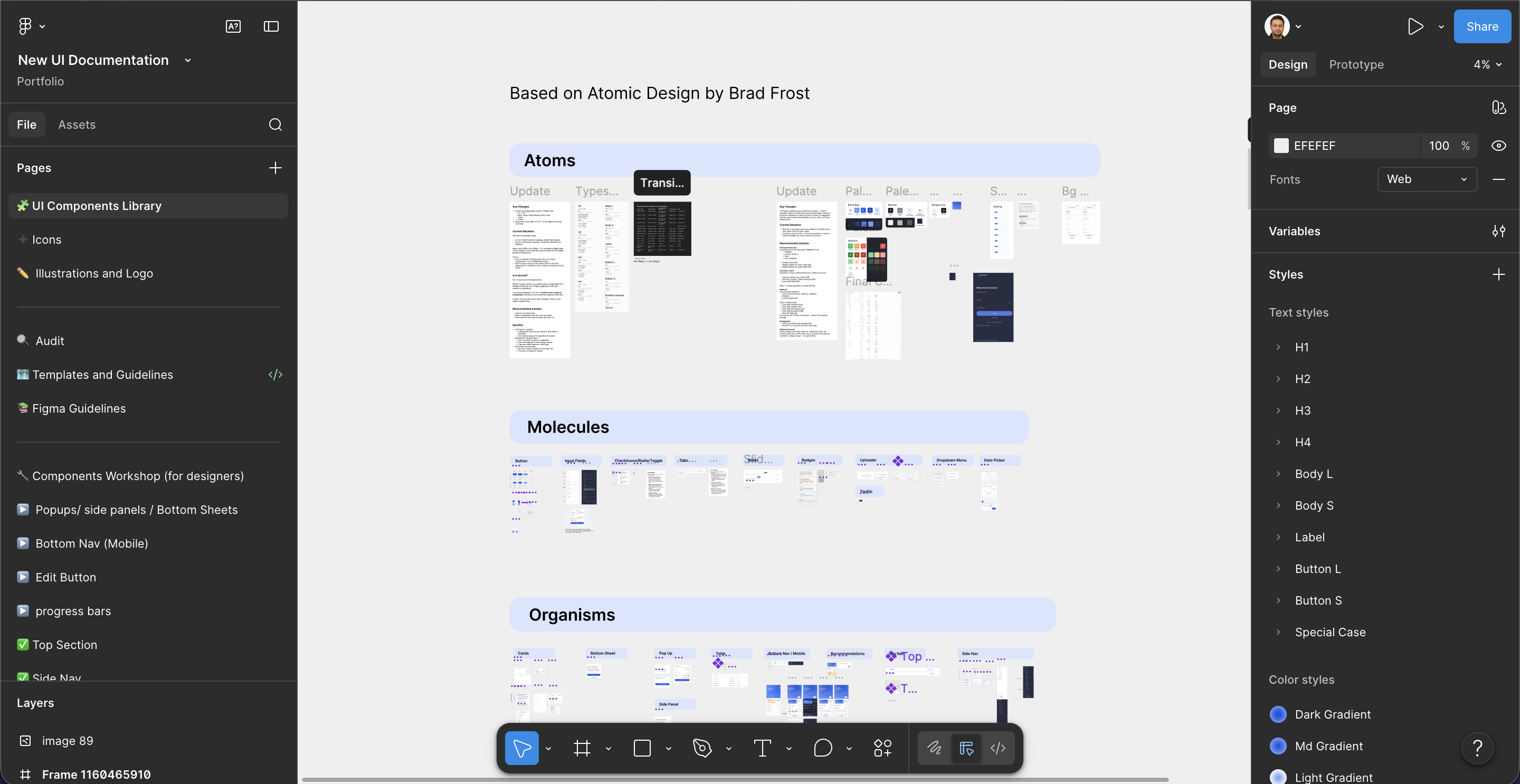 Figma file structure: UI Components Library with Atomic Design pages (Atoms, Molecules, Organisms)