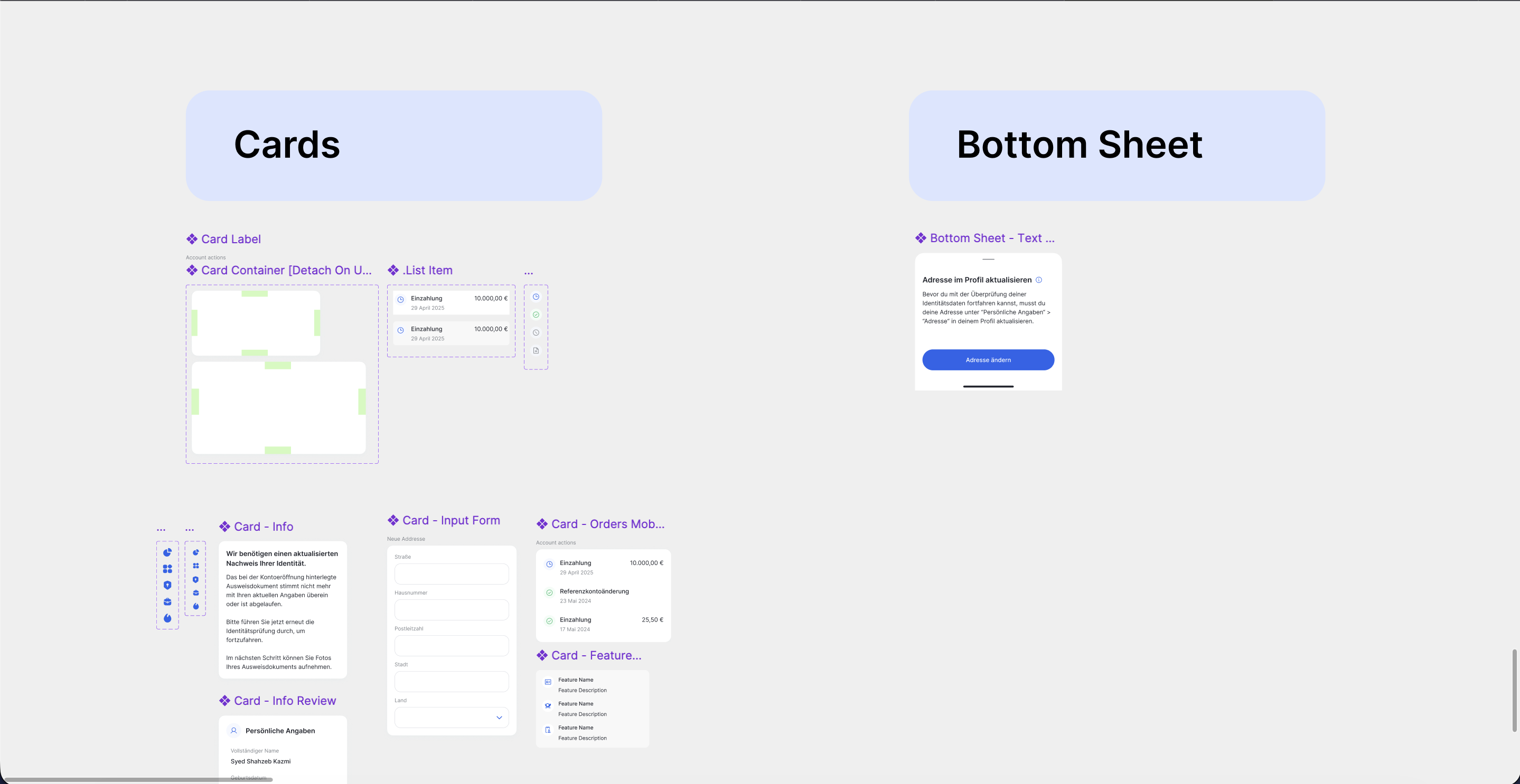 Cards and Bottom Sheet organisms with label, container, and list item variants