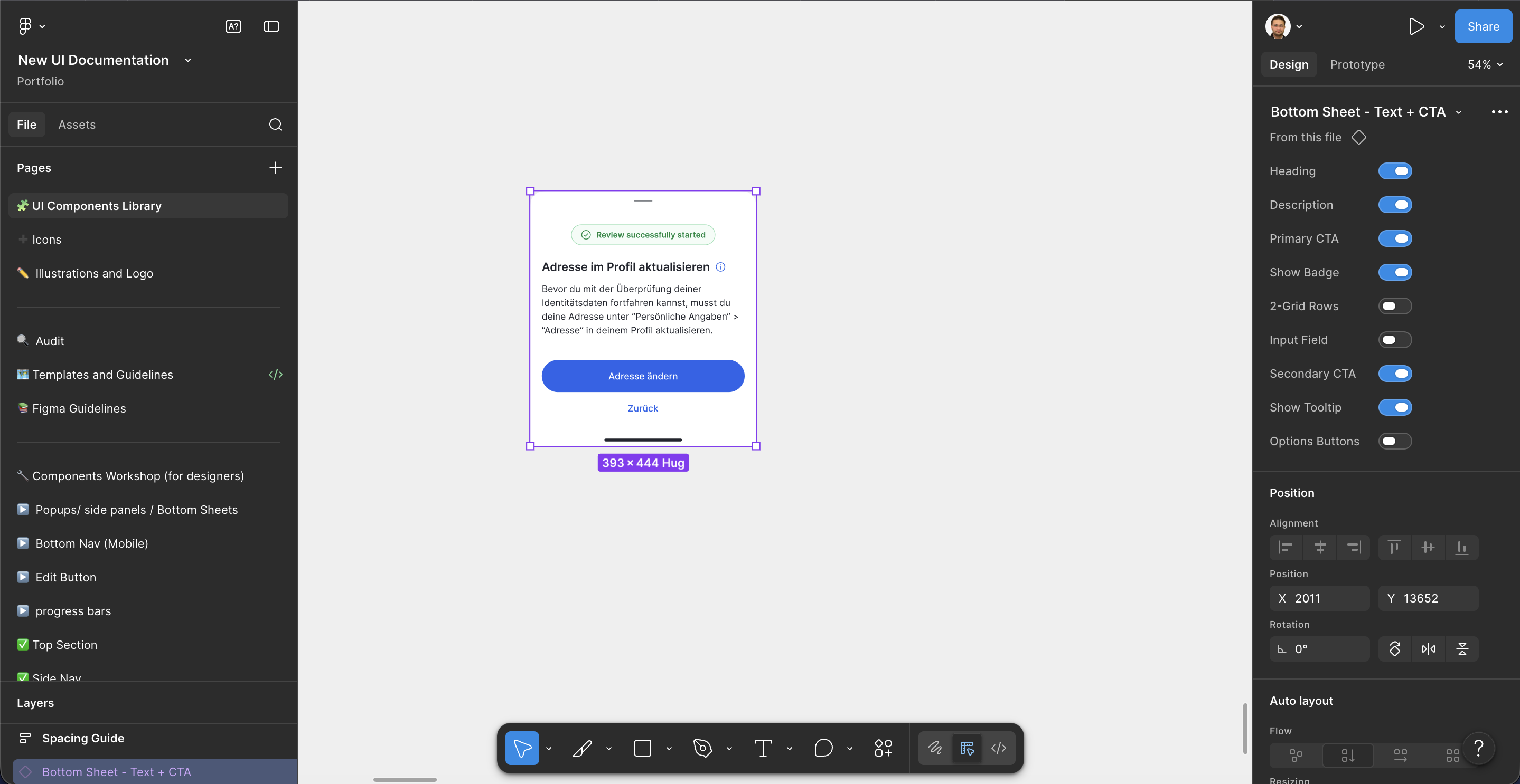 Bottom Sheet component in Figma with properties panel showing all toggleable parts