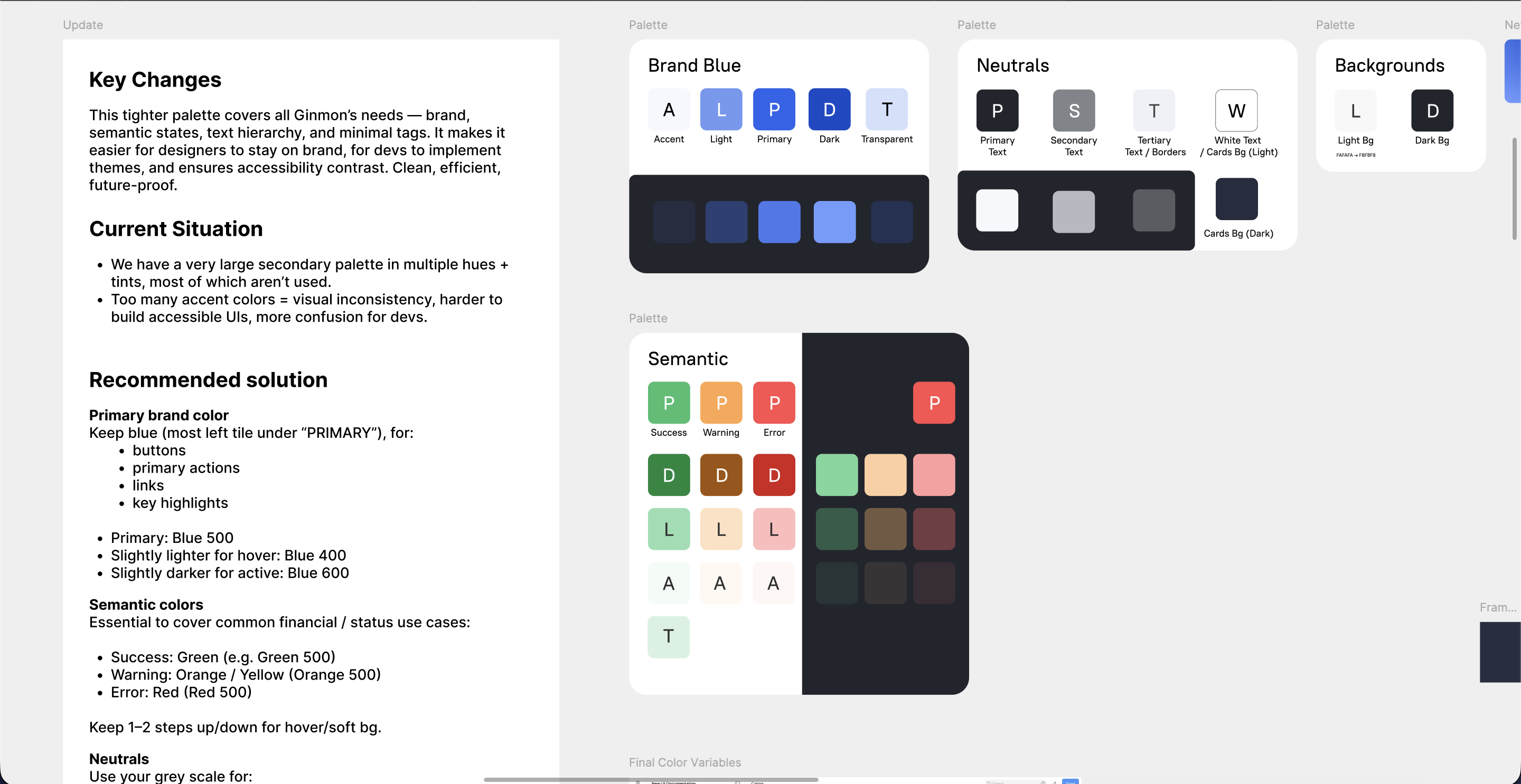Color audit: simplified palette with brand blue, neutrals, backgrounds, and semantic tokens