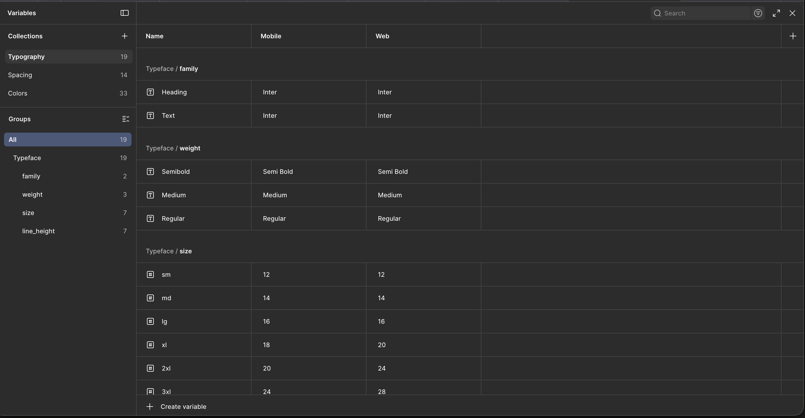 Figma variables: typography tokens (family, weight, size, line height) with mobile and web values