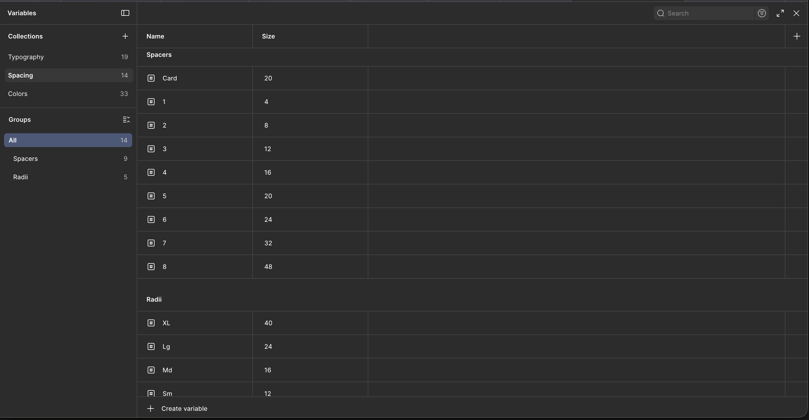 Figma variables: spacing tokens (spacers and radii) on a 4px grid