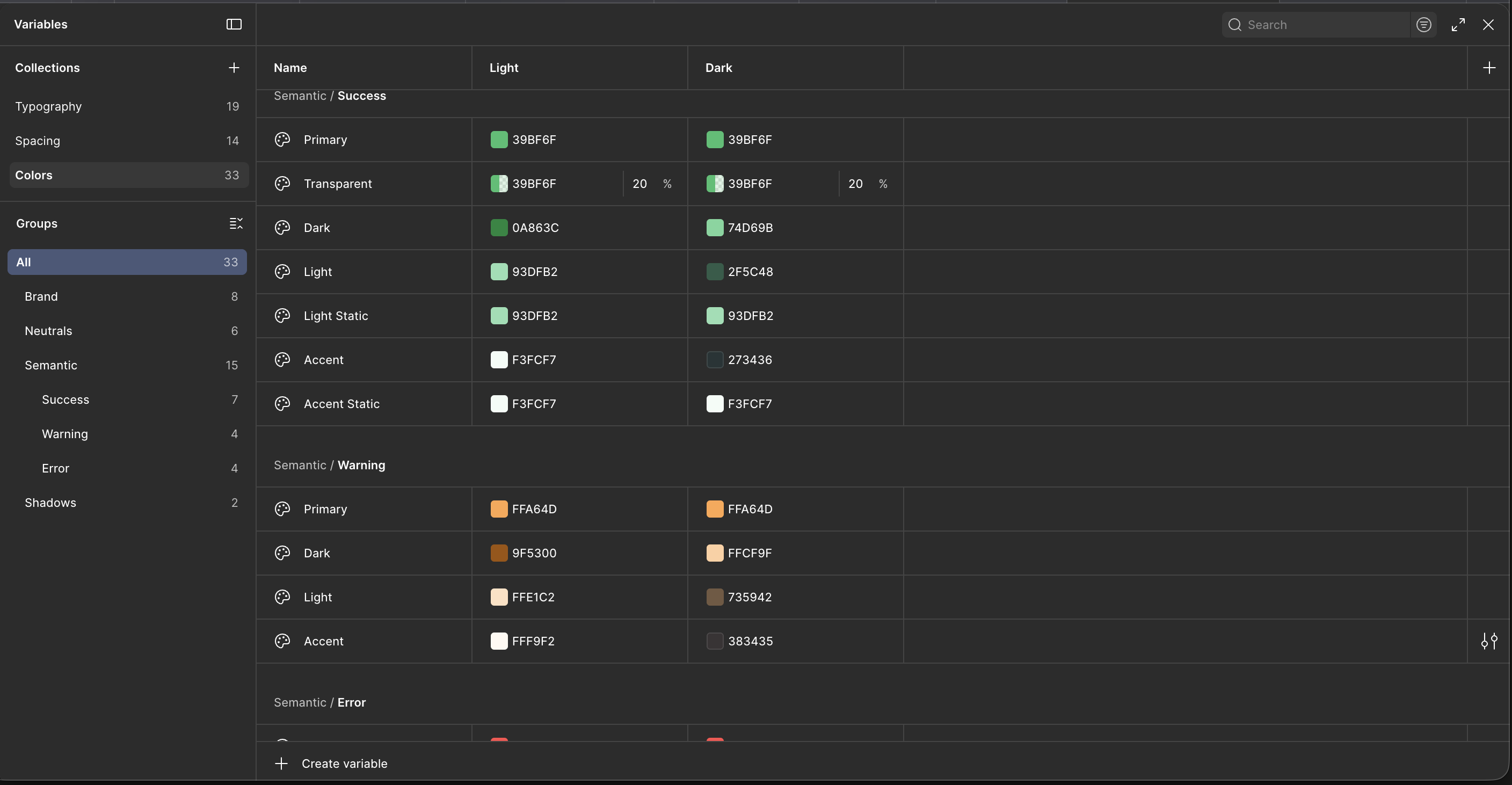 Figma variables: semantic color tokens for success, warning, and error states