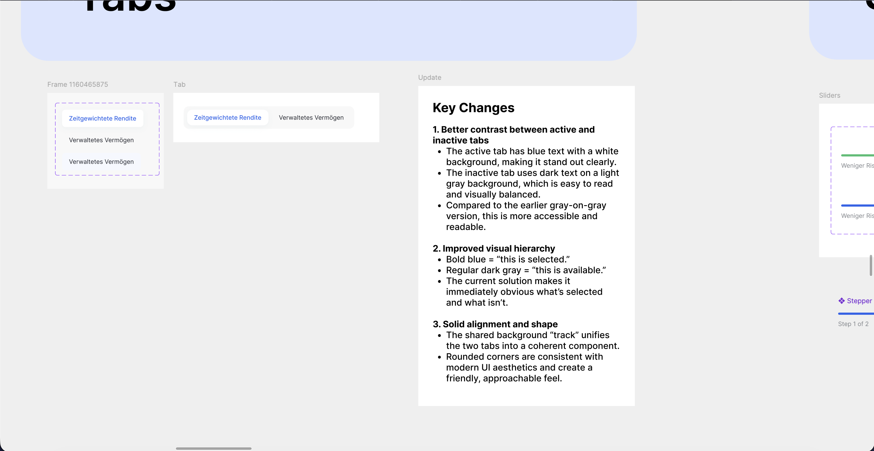 Tabs component: active state contrast and key changes rationale