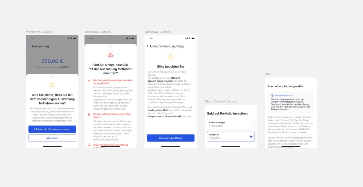 Five overlays from the same app, side by side. Different headers, warning treatments, spacing, and structure: one product, five dialects.