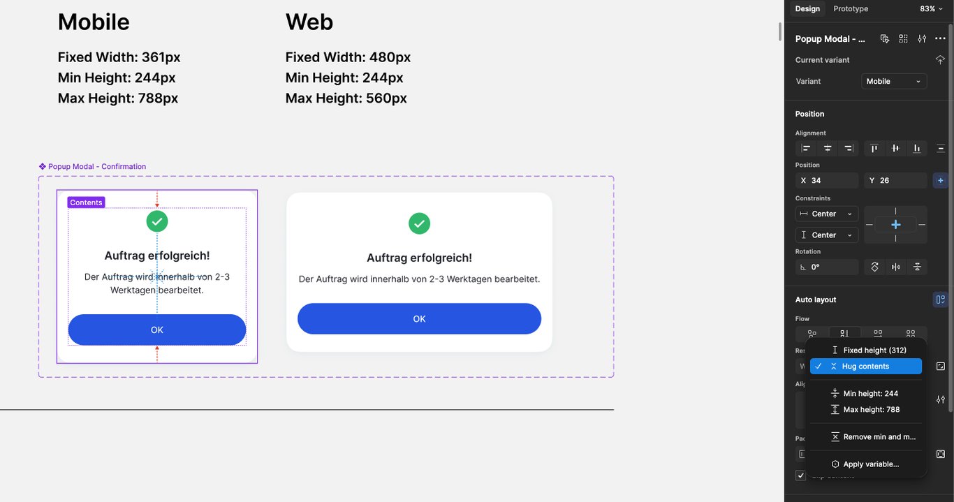 The constraints are baked into the component, not written on a spec sheet: the frame hugs its content but is locked to its min and max, with mobile and web as variants of one component.