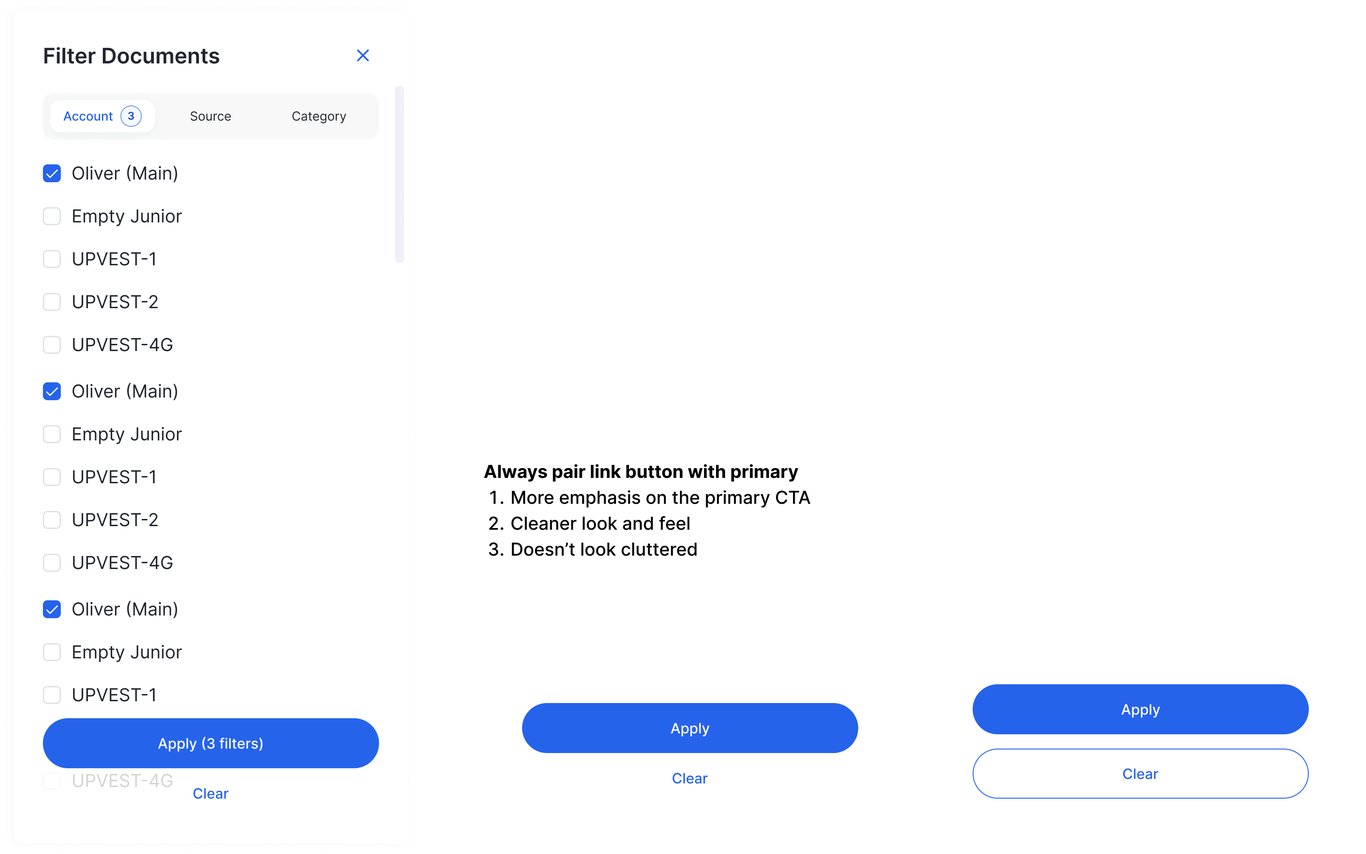 Smaller patterns pinned down with their reasoning, like always pairing a link button with the primary action.
