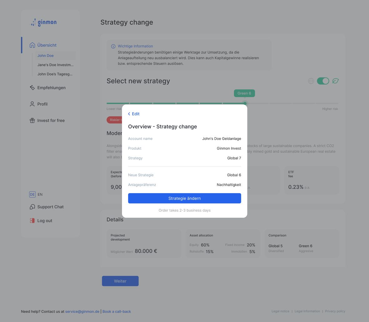 Right: a contextual strategy change shown as a small pop-up stranded in the middle of a wide desktop screen.