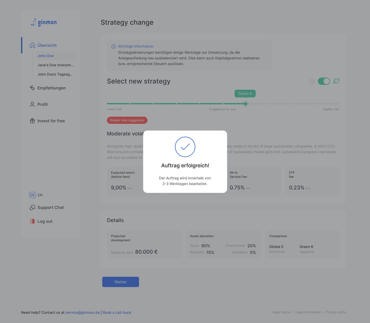 Left: the same success state as a centered web modal, a different shape again.