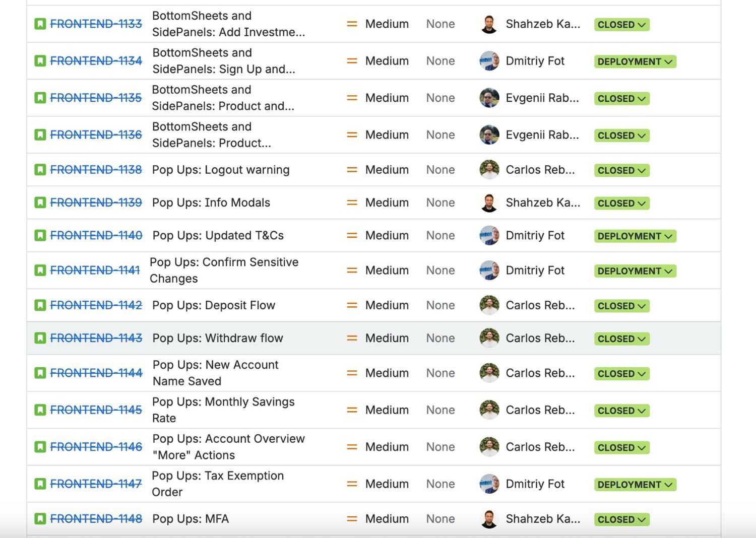 The backlog I authored: more than thirty tickets, one per use case, organized by surface and scoped tightly.