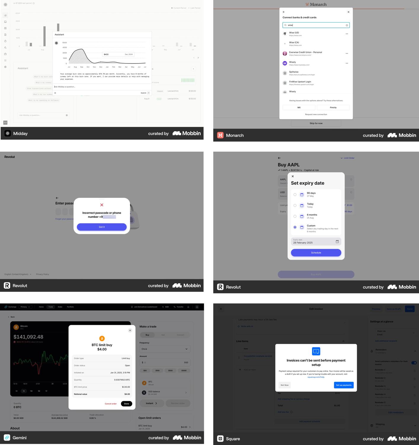 A broad scan of how mature fintech and adjacent products deploy modals, sheets, and panels, benchmarked against real shipped work.