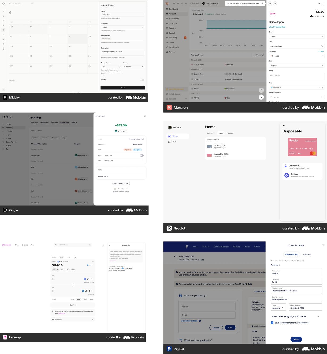 A broad scan of how mature fintech and adjacent products deploy modals, sheets, and panels, benchmarked against real shipped work.