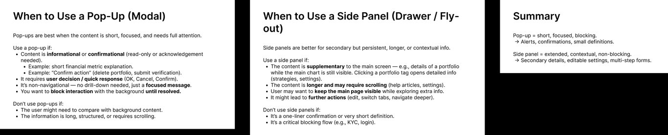 The distilled usage criteria, written as a decision tool with both when to use each surface and when not to.